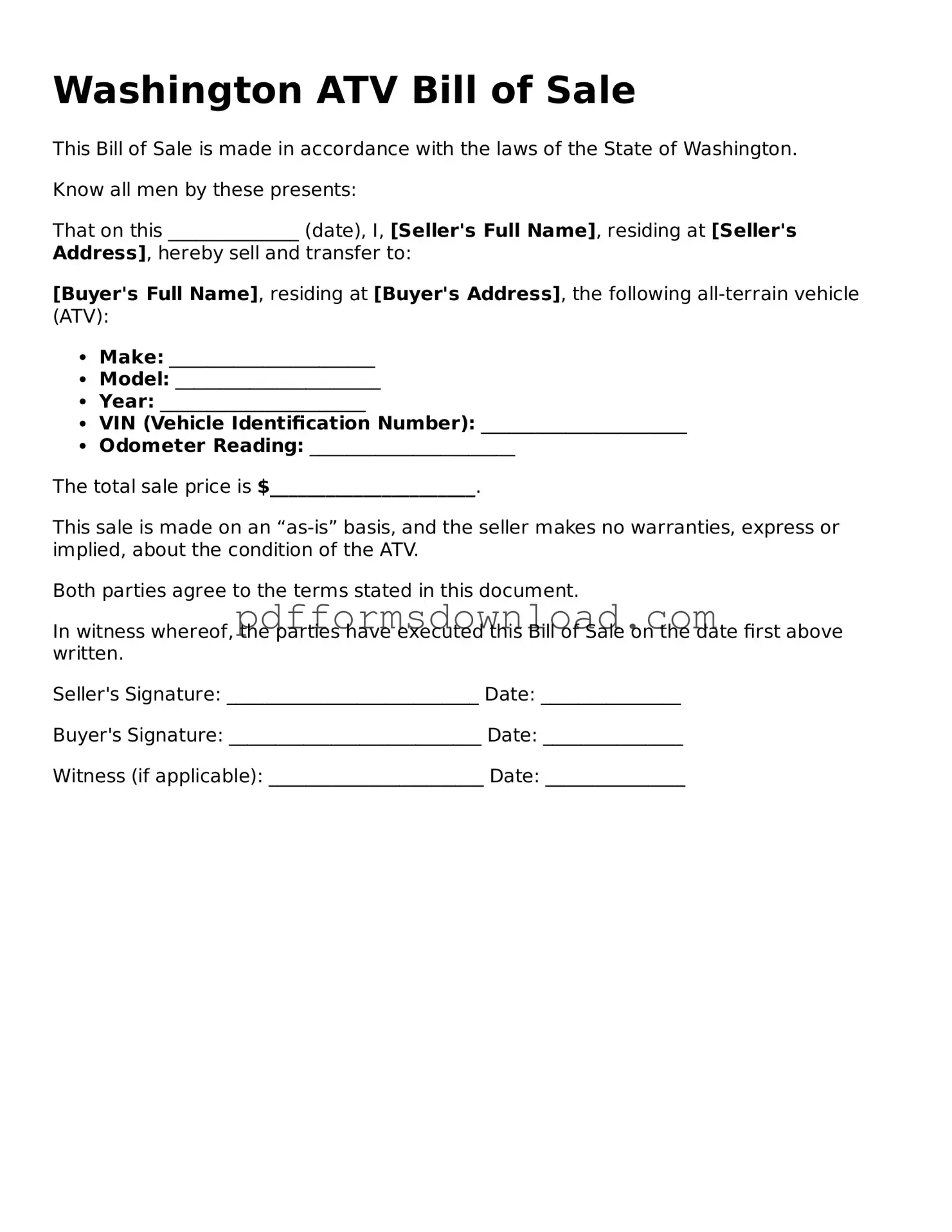Printable Washington ATV Bill of Sale Form