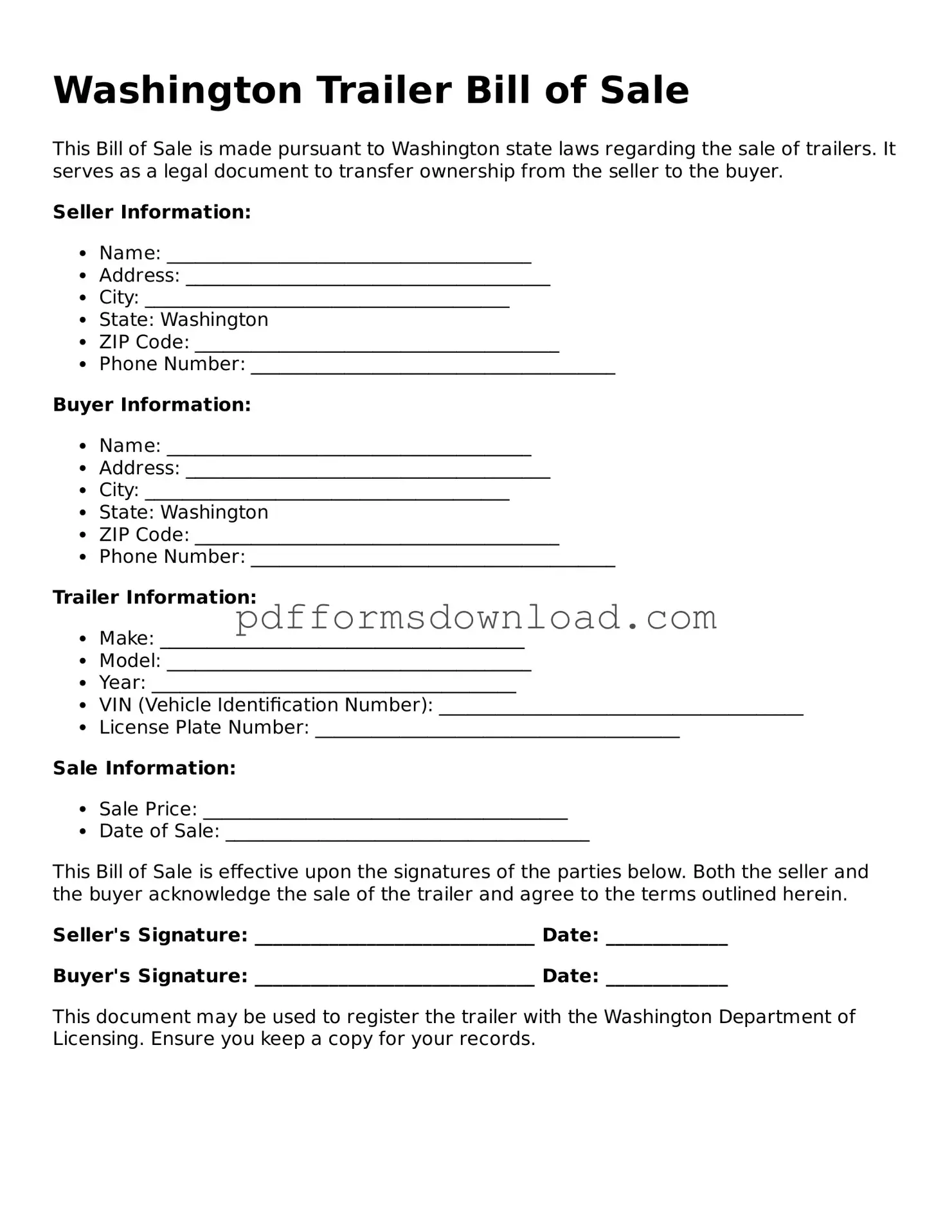 Printable Washington Trailer Bill of Sale Form