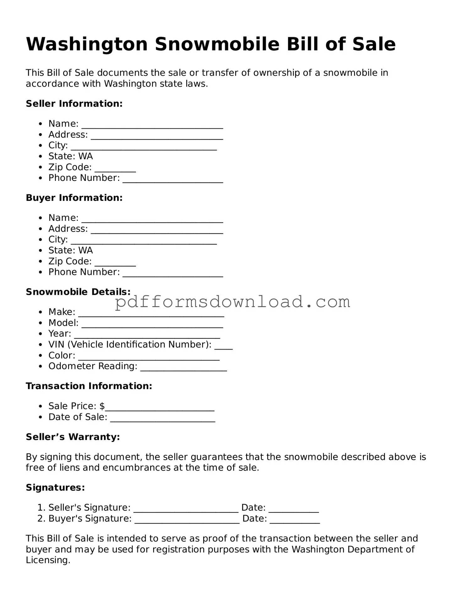 Printable Washington Snowmobile Bill of Sale Form