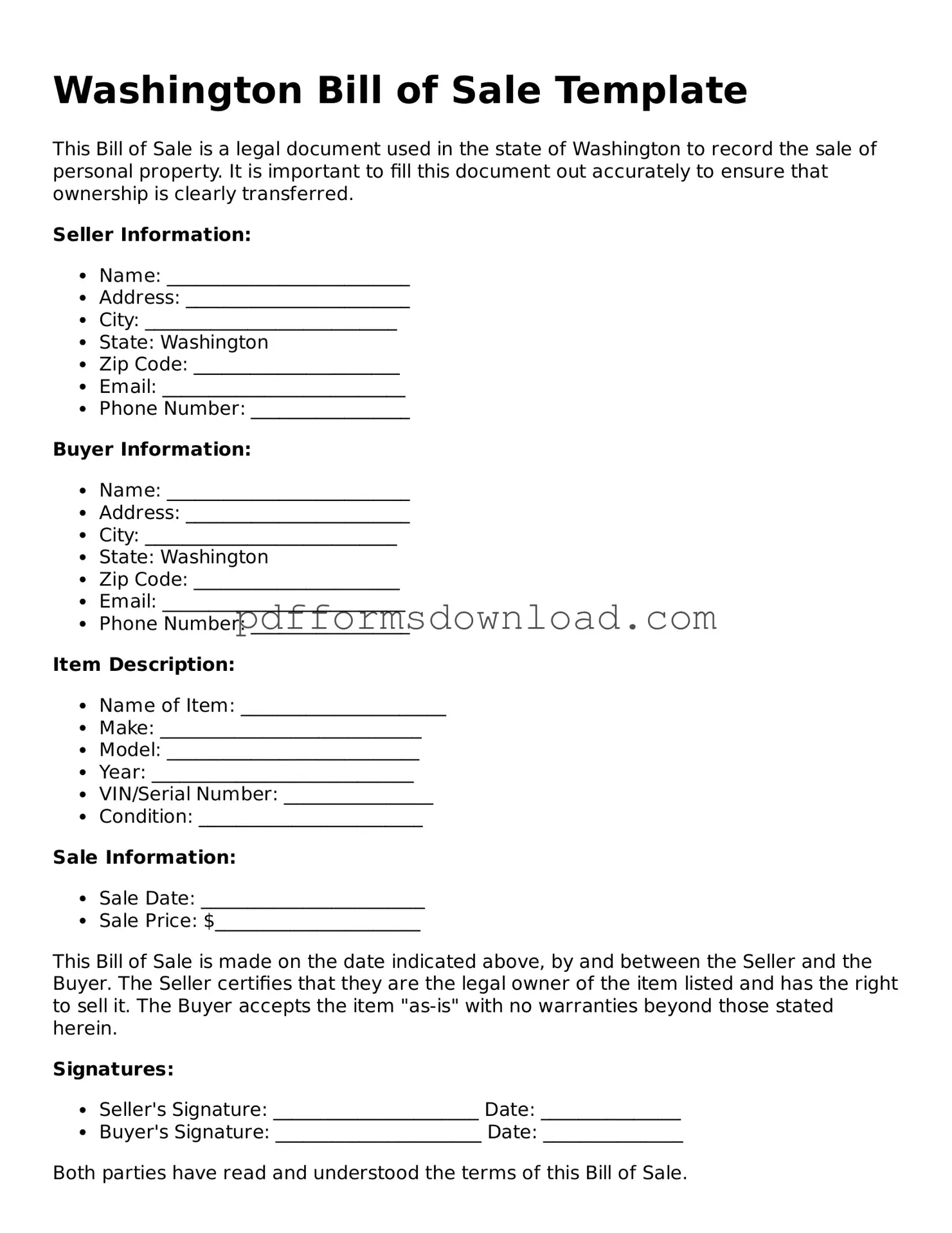Printable Washington Bill of Sale Form
