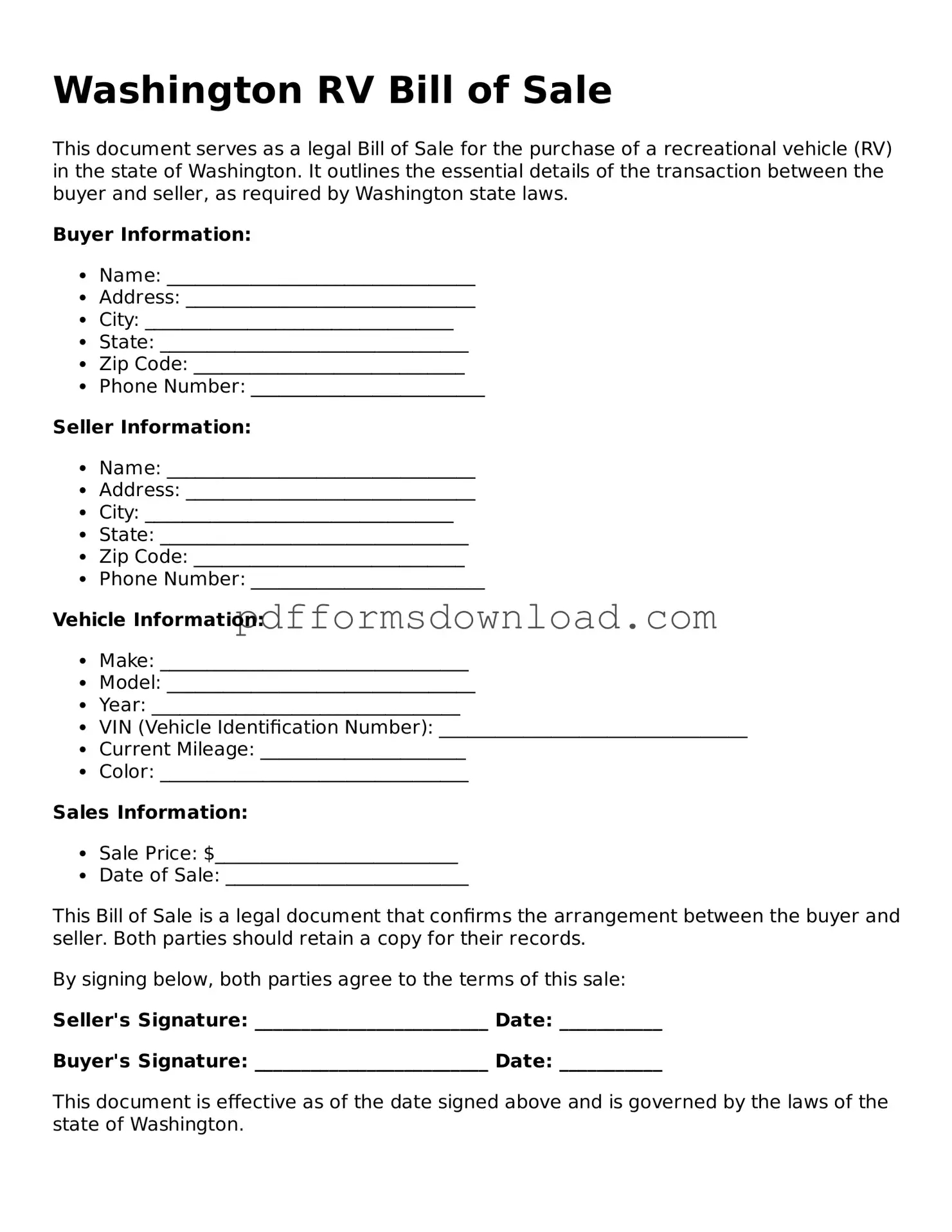 Printable Washington RV Bill of Sale Form