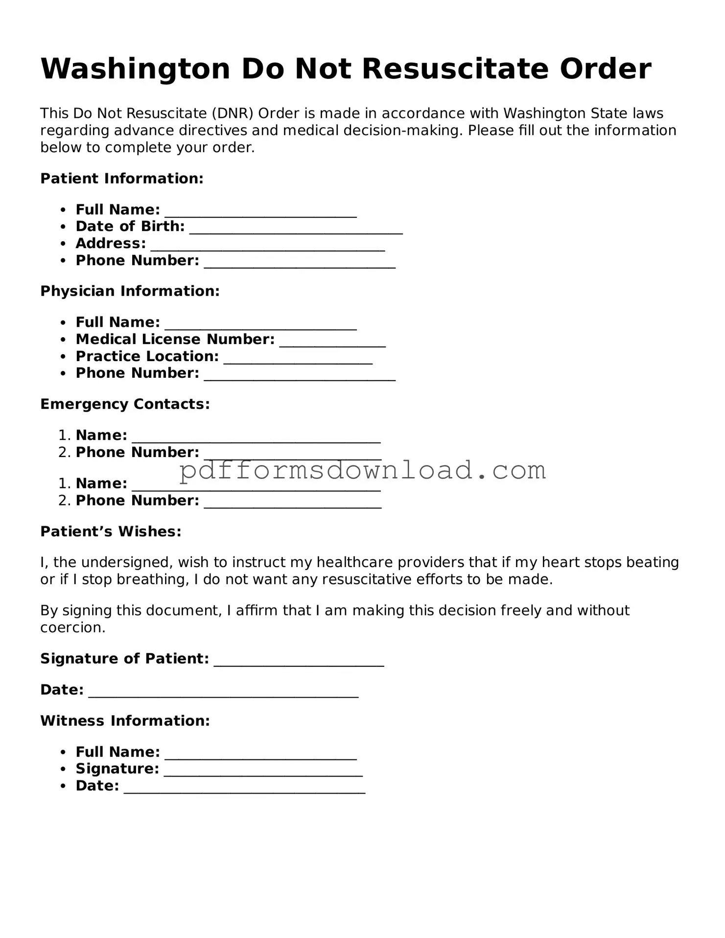 Printable Washington Do Not Resuscitate Order Form