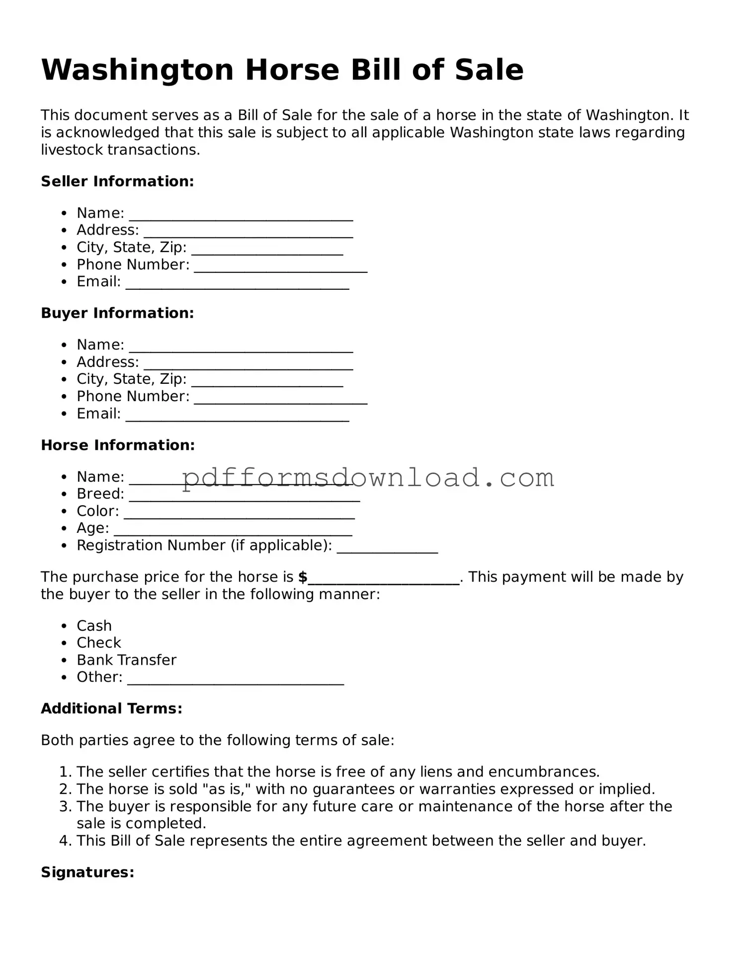 Printable Washington Horse Bill of Sale Form