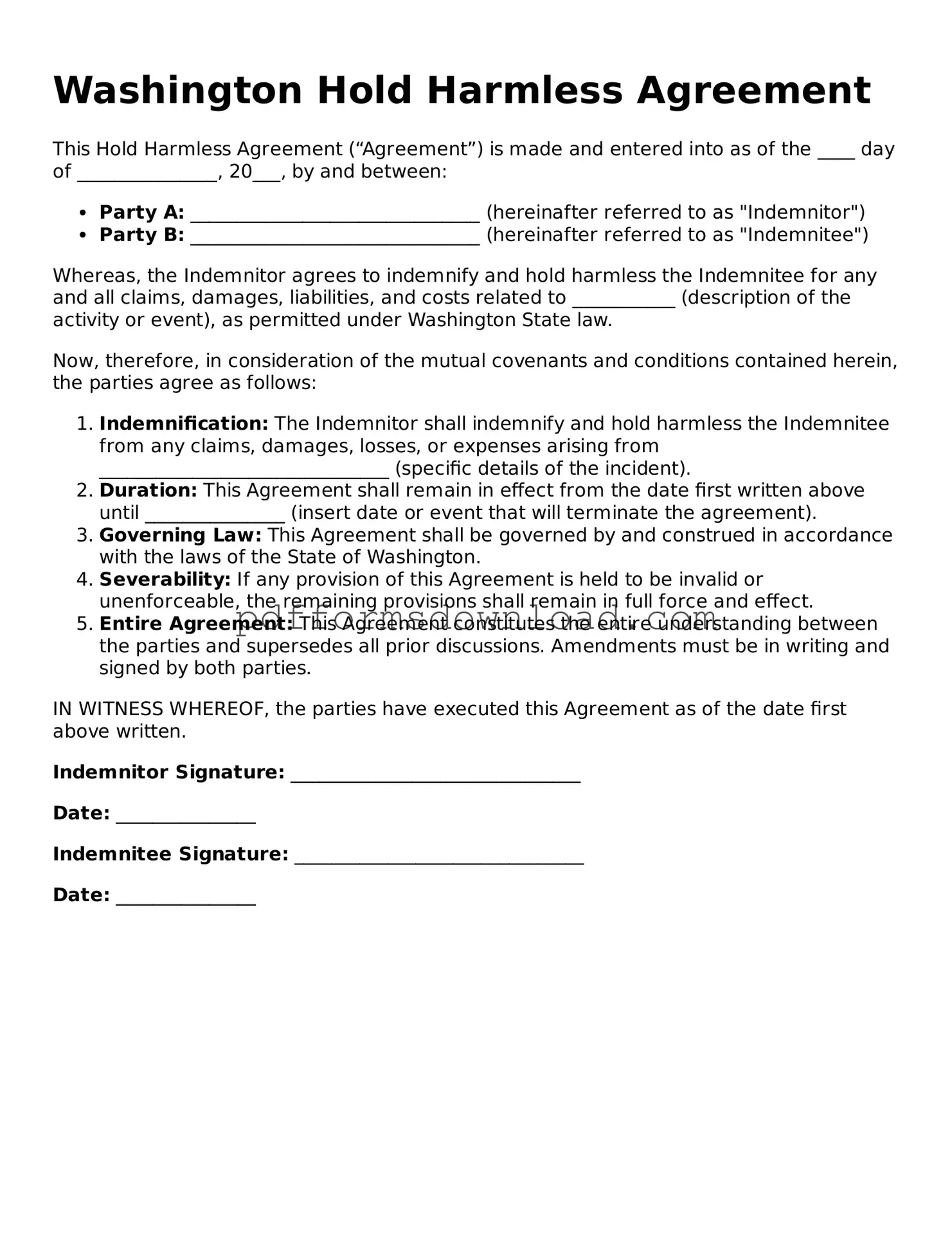 Printable Washington Hold Harmless Agreement Form