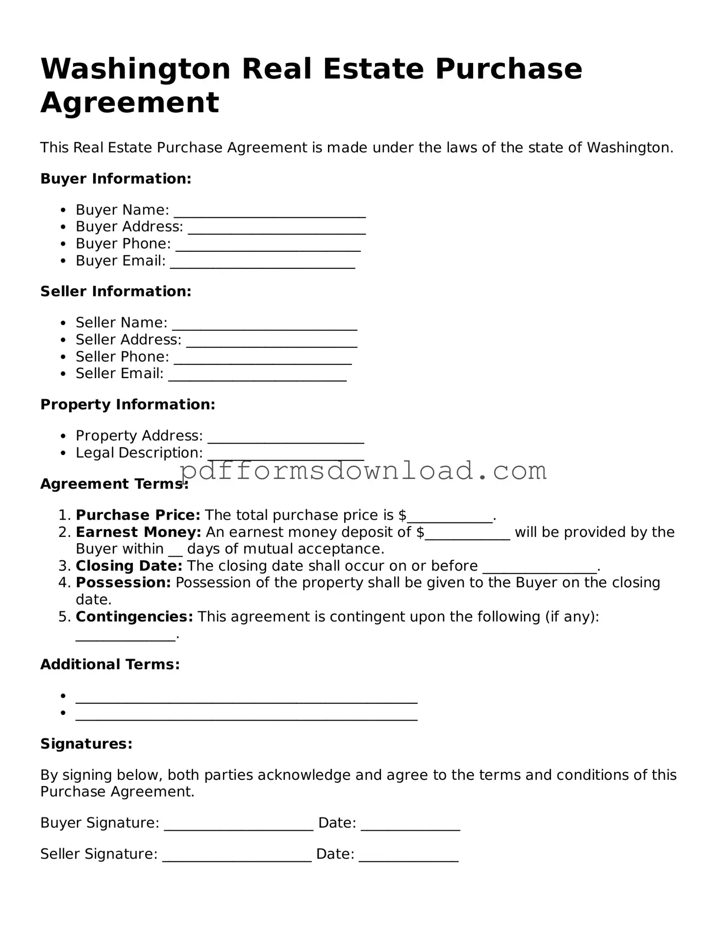 Printable Washington Real Estate Purchase Agreement Form
