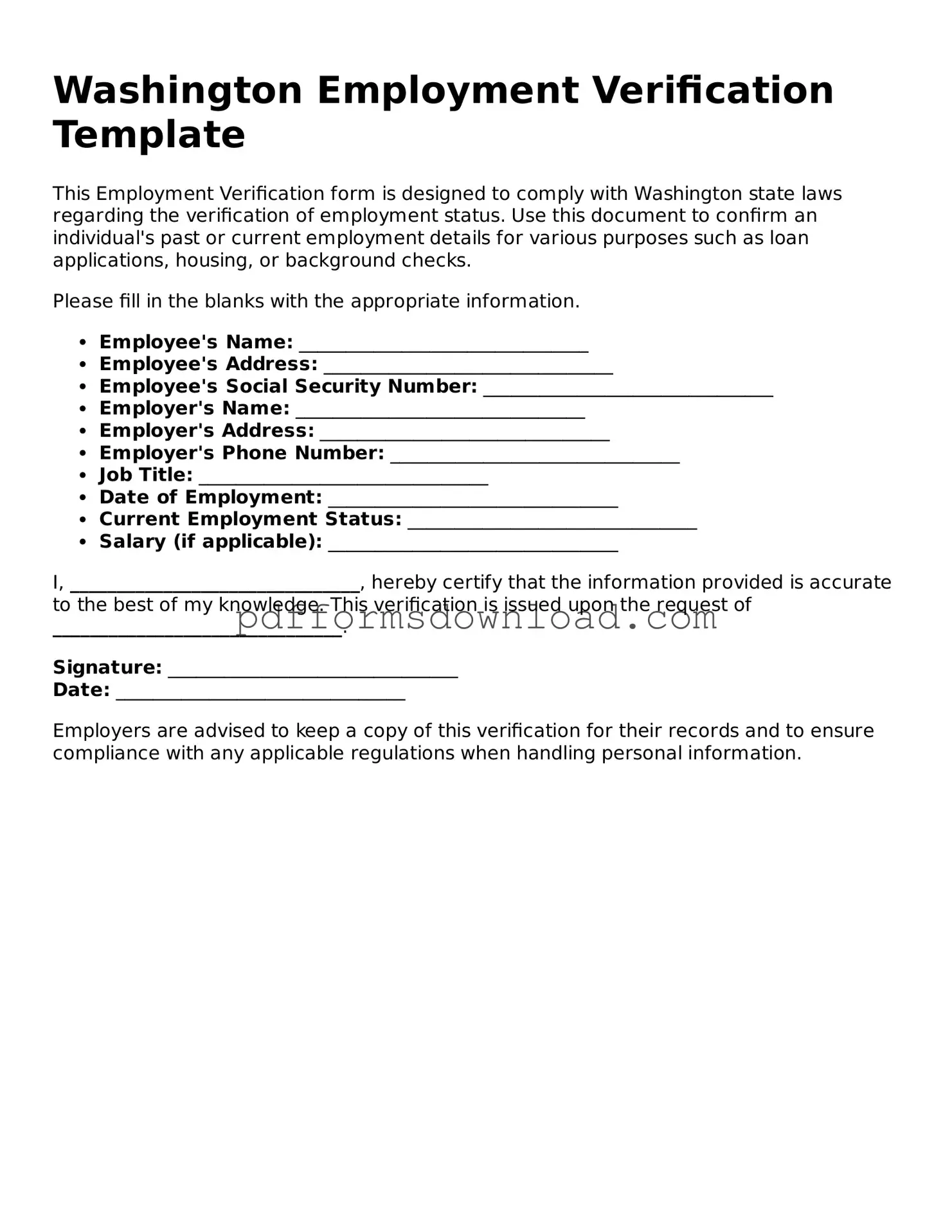 Printable Washington Employment Verification Form