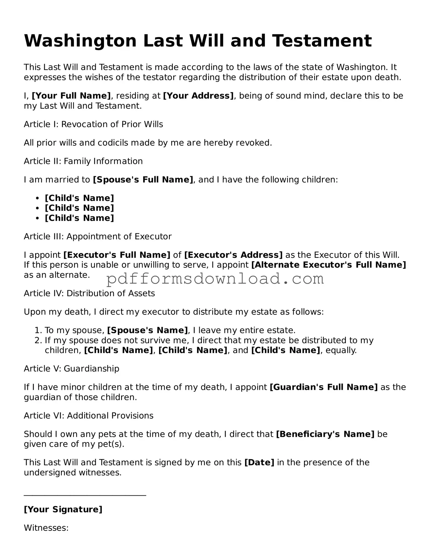 Printable Washington Last Will and Testament Form