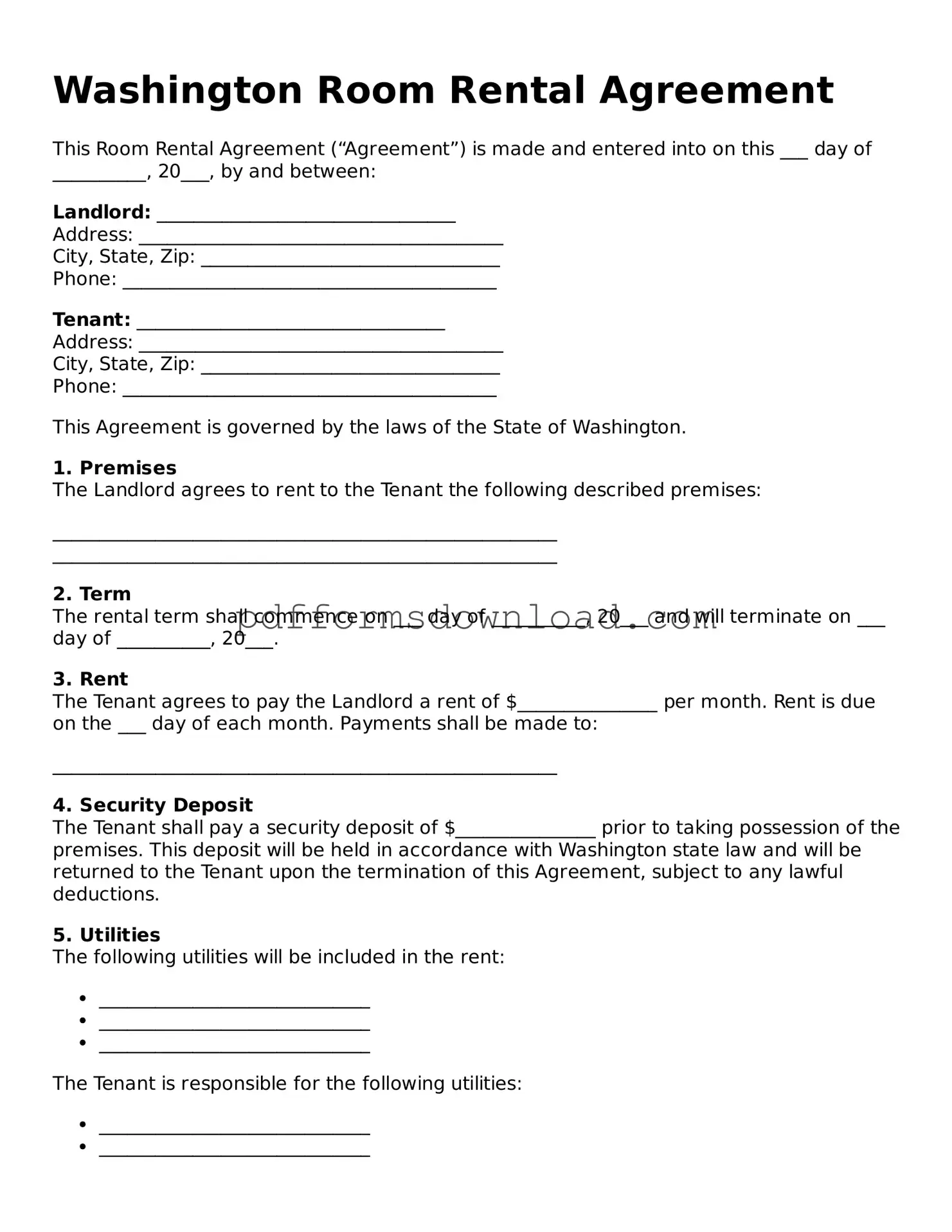 Printable Washington Room Rental Agreement Form