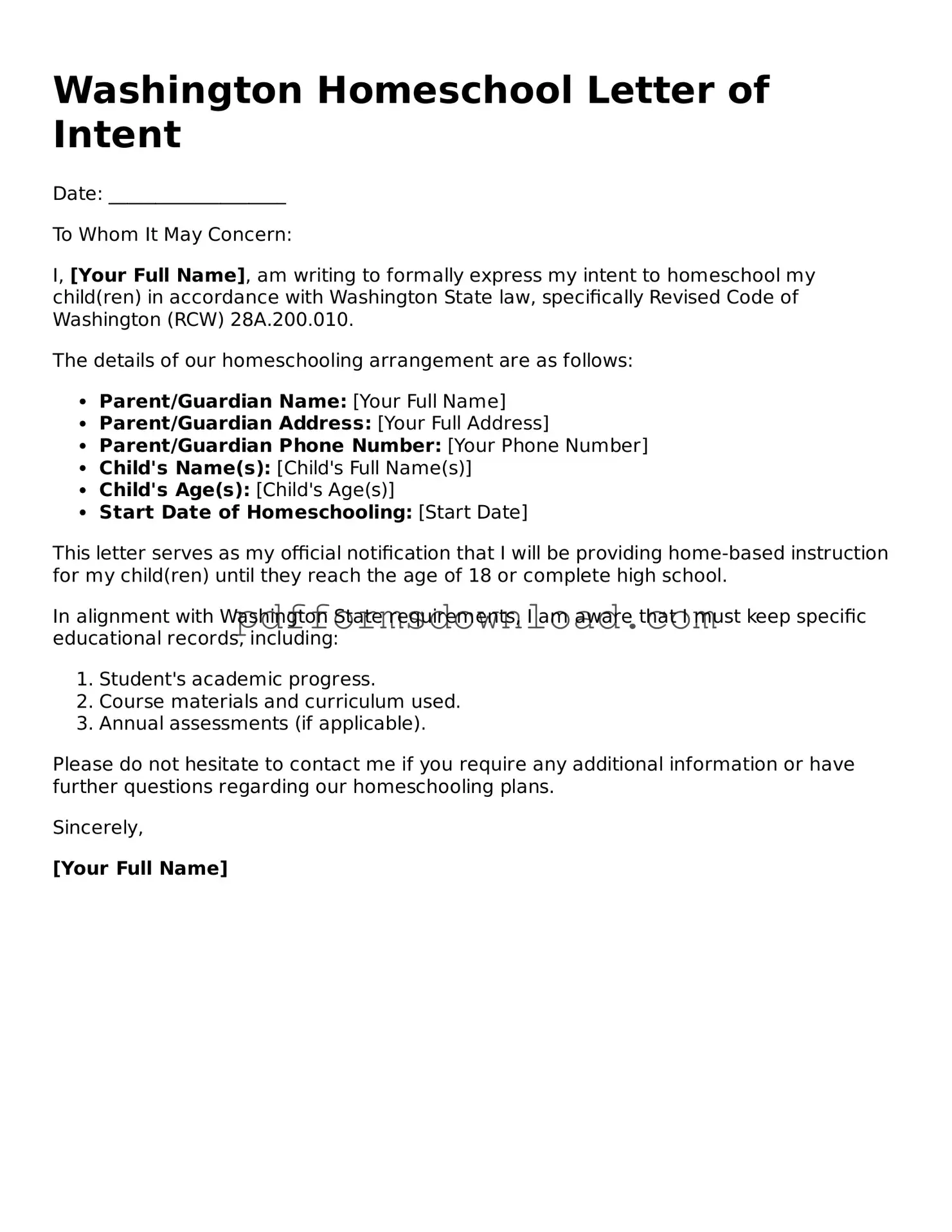 Printable Washington Homeschool Letter of Intent Form