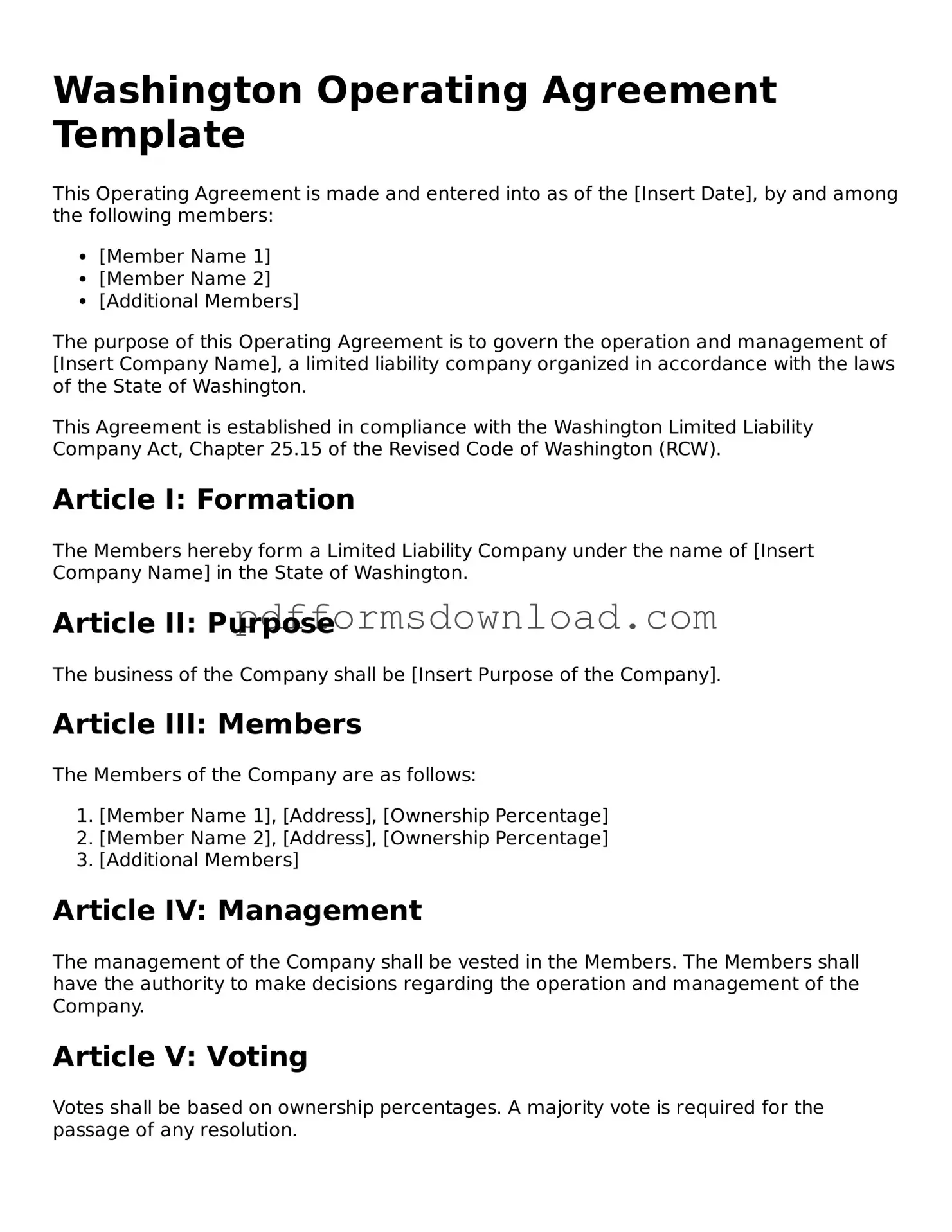 Printable Washington Operating Agreement Form