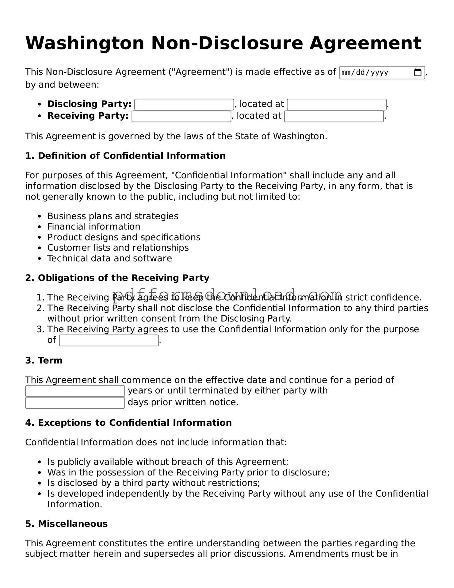 Printable Washington Non-disclosure Agreement Form