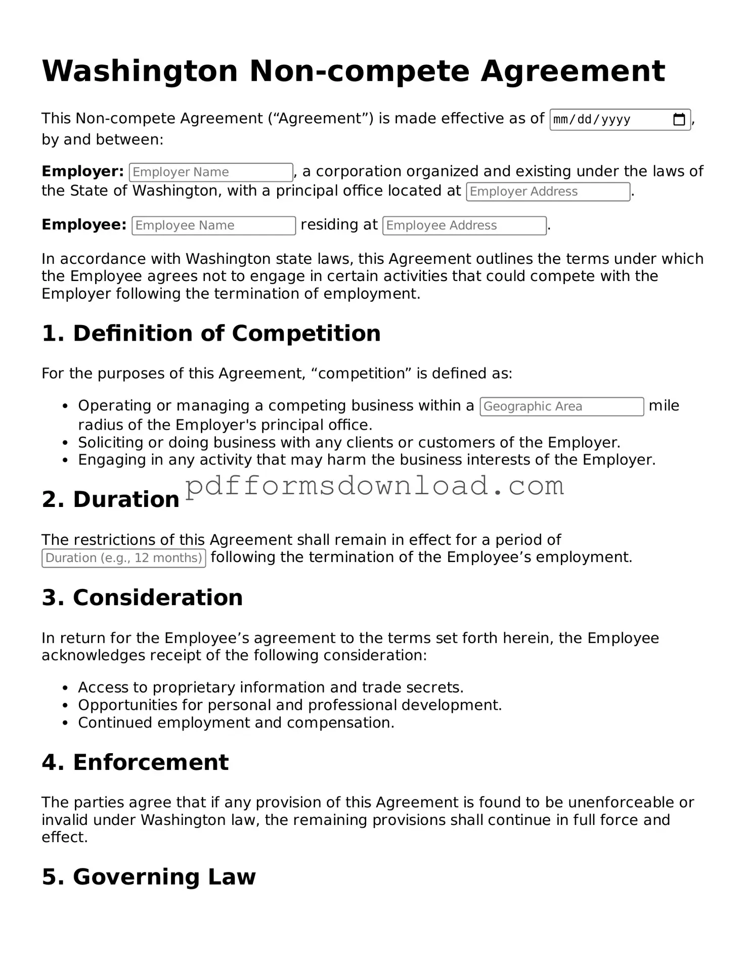 Printable Washington Non-compete Agreement Form