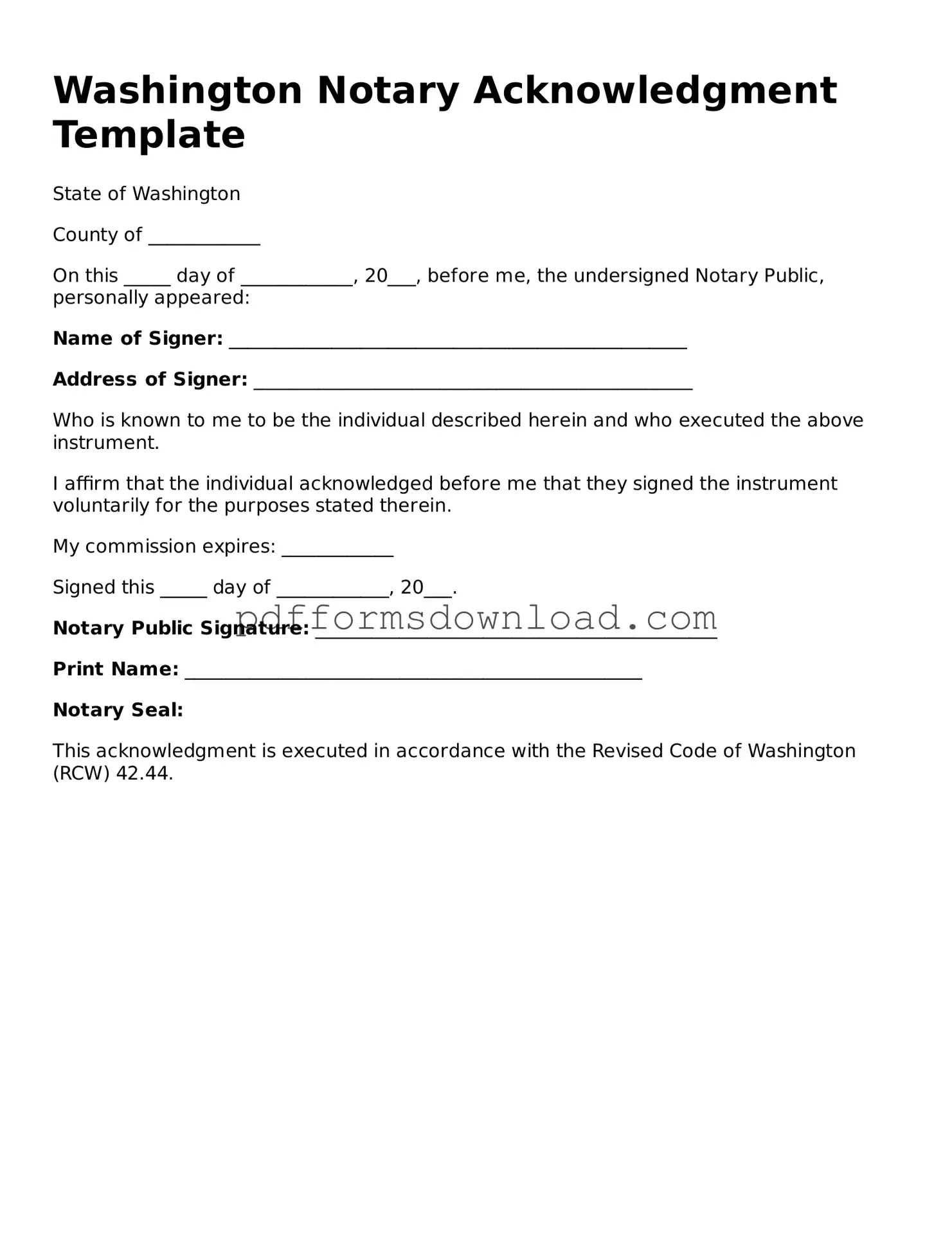Printable Washington Notary Acknowledgement Form