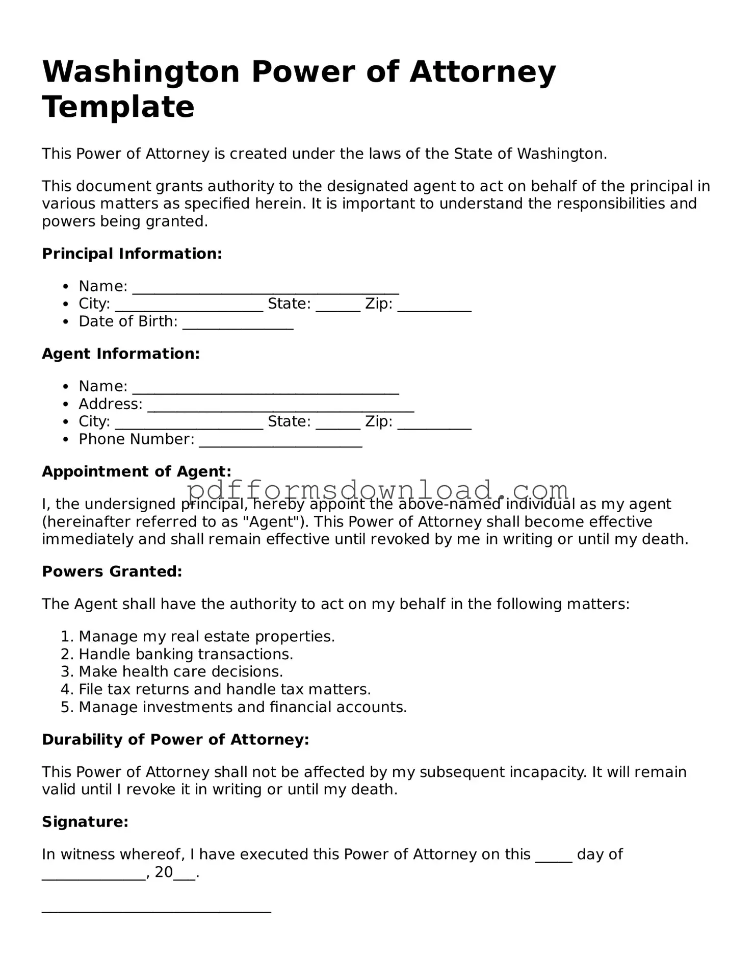 Printable Washington Power of Attorney Form
