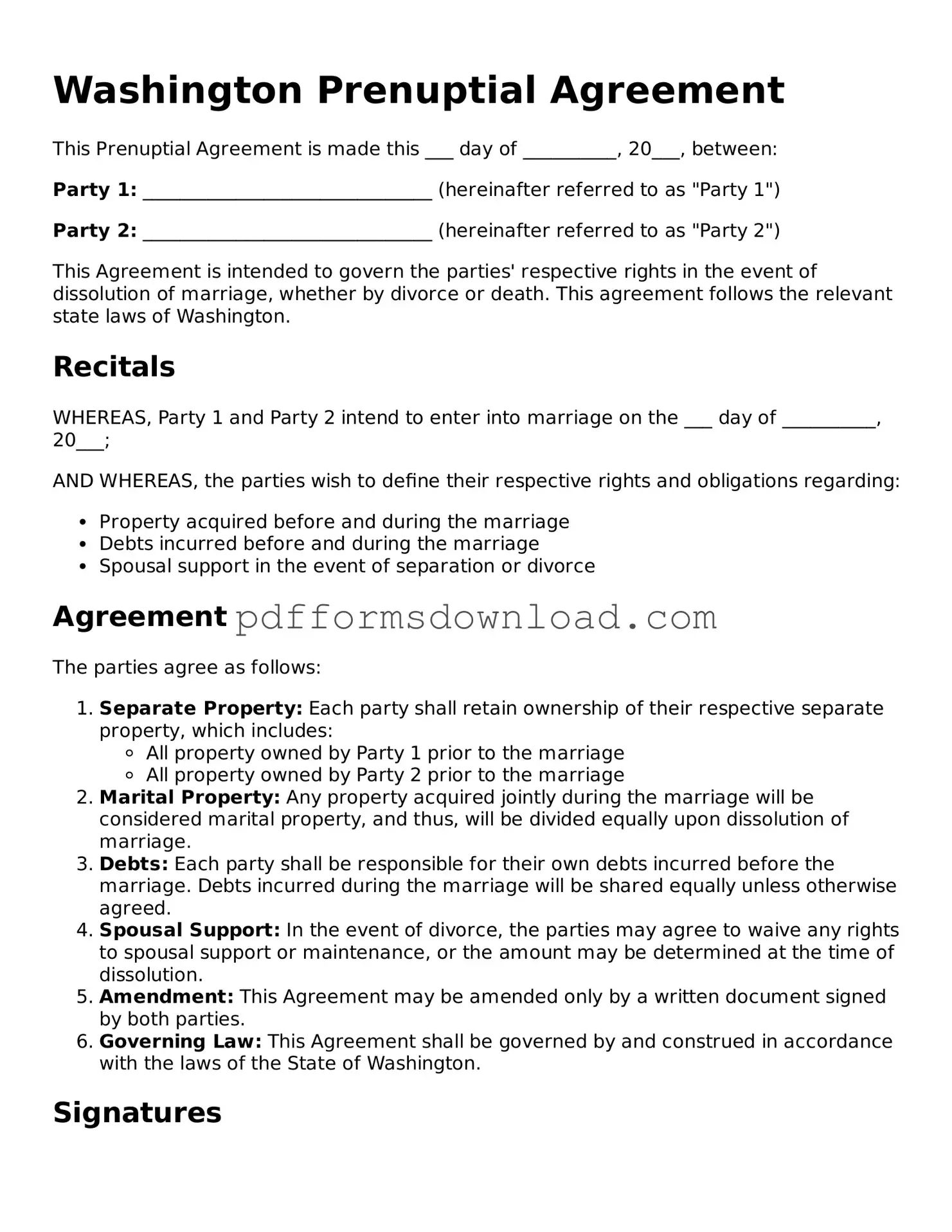 Printable Washington Prenuptial Agreement Form