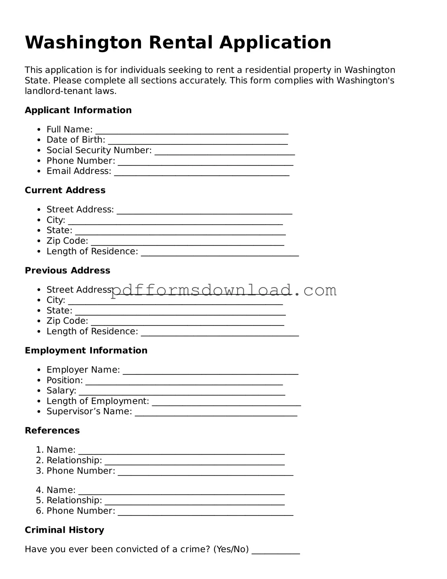 Printable Washington Rental Application Form