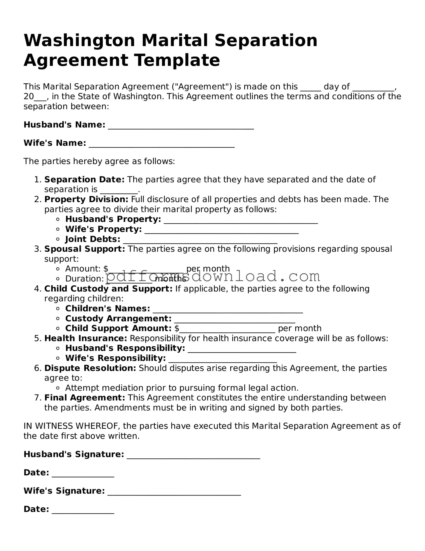 Printable Washington Marital Separation Agreement Form