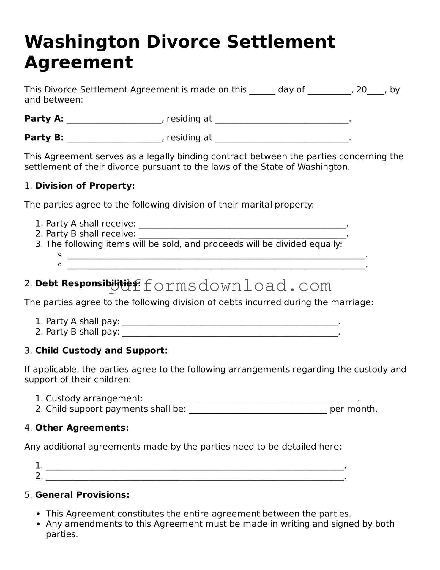 Printable Washington Divorce Settlement Agreement Form