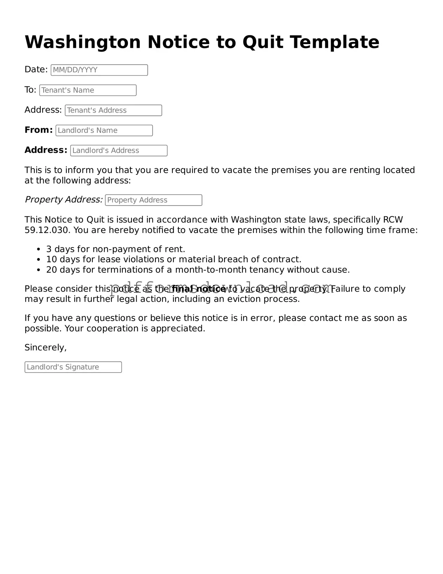 Printable Washington Notice to Quit Form